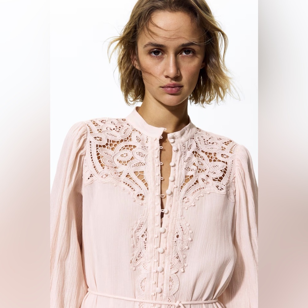 LIGHT PINK LACE-DETAIL COTTON DRESS - Picture 3 of 8